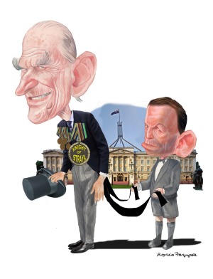 This Sydney Morning Herald cartoon shows that Prime Minister Tony Abbott's fate is joined to that of Prince Philip