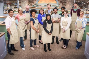 The contestants from the Great British Bake Off 2015. Nadia Hussain, who won, is the headscarf-wearing woman in the front