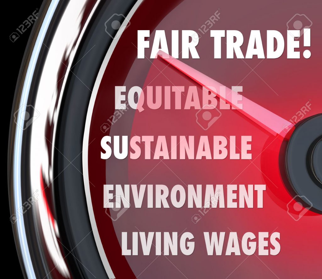 Fair Trade words on a speedometer or gauge measuring living wages, sustainability, environmental impact and equity in import and export standards